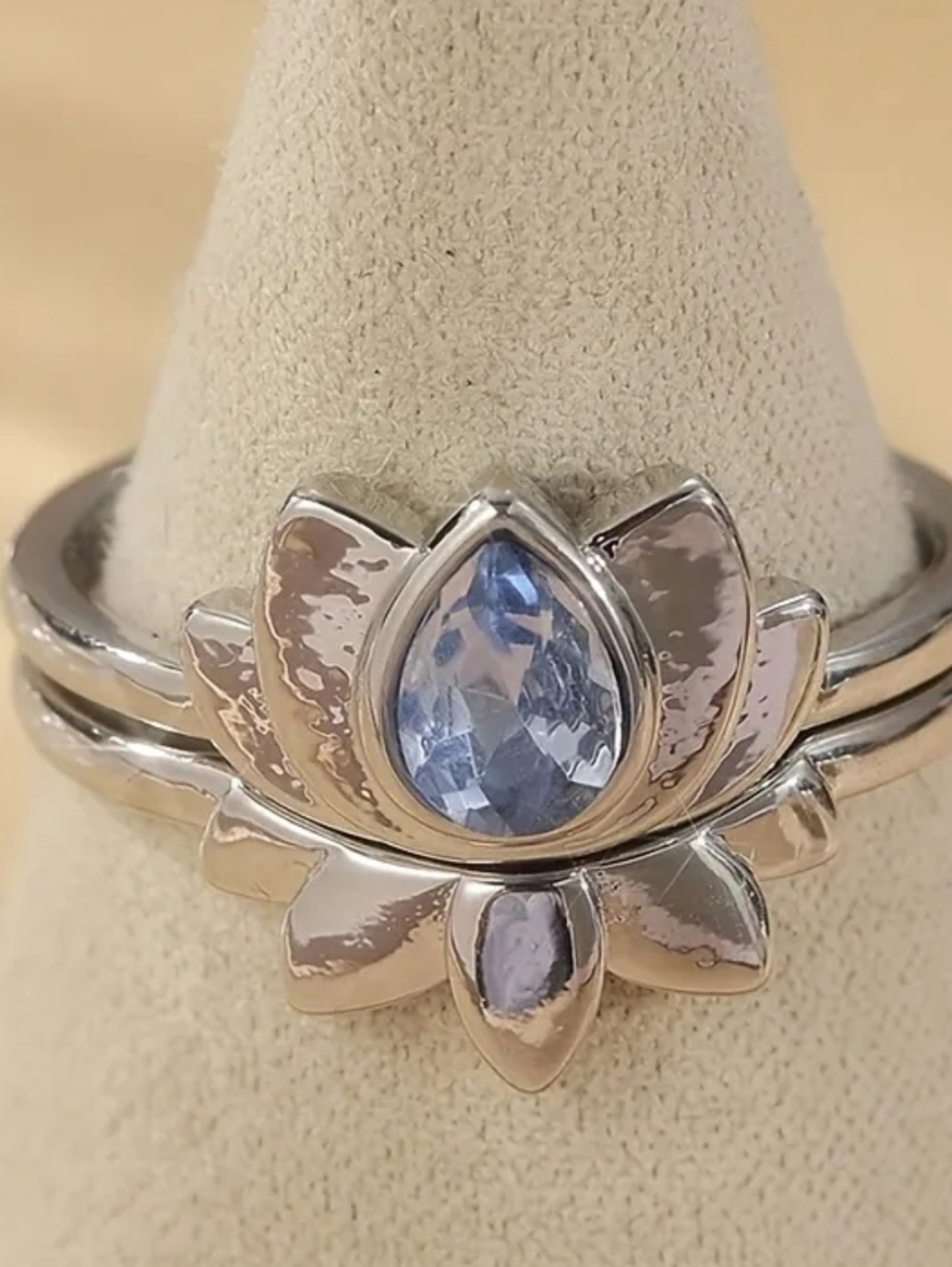 Boho Silvery Lotus Flower Ring Set | Blue Water Drop Crystal Size 8 - Picture 9 of 12